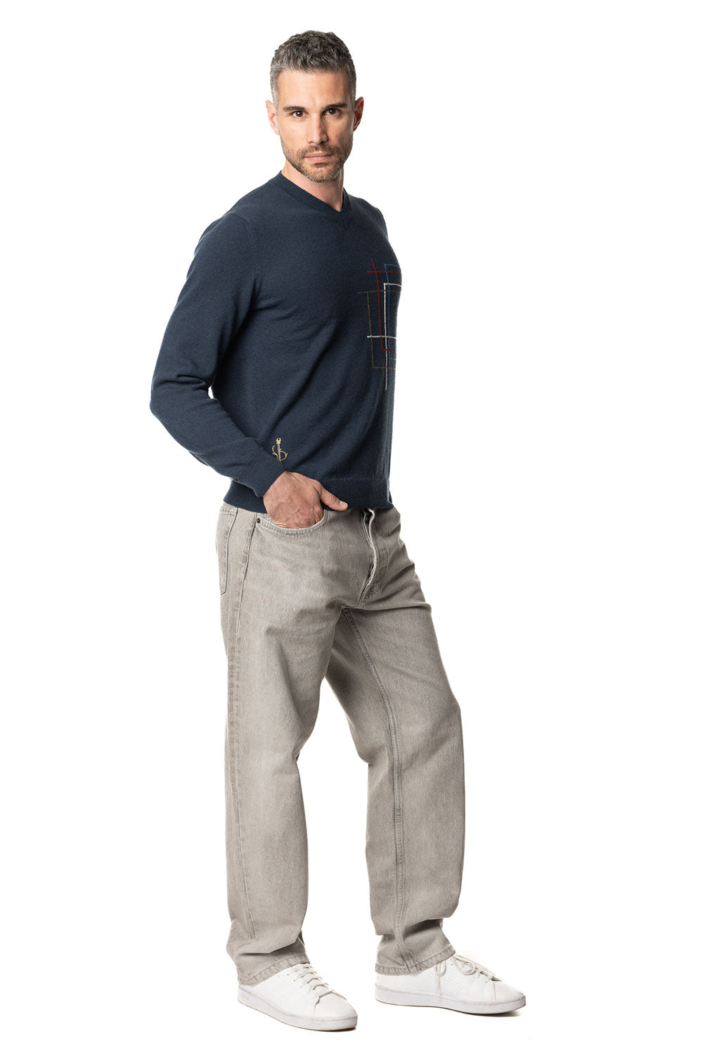 Vittoria Paci scollo a V blu uomo in cashmere geometrico