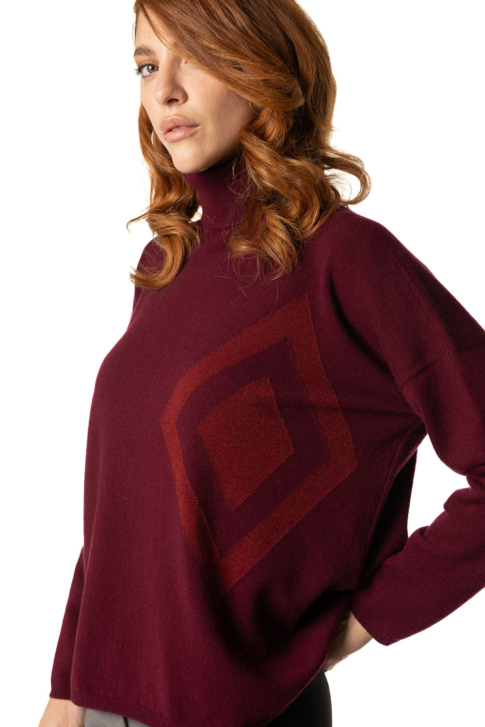 Vittoria Paci dolcevita bordeaux donna in cashmere intarsio