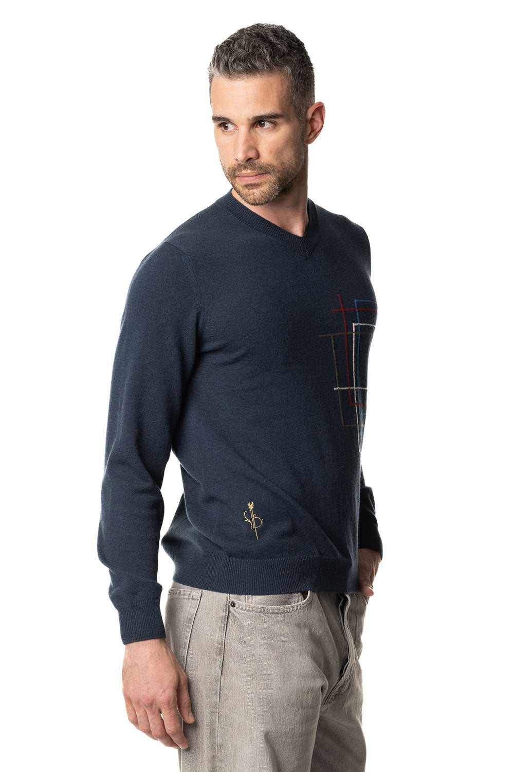 Vittoria Paci scollo a V blu uomo in cashmere geometrico