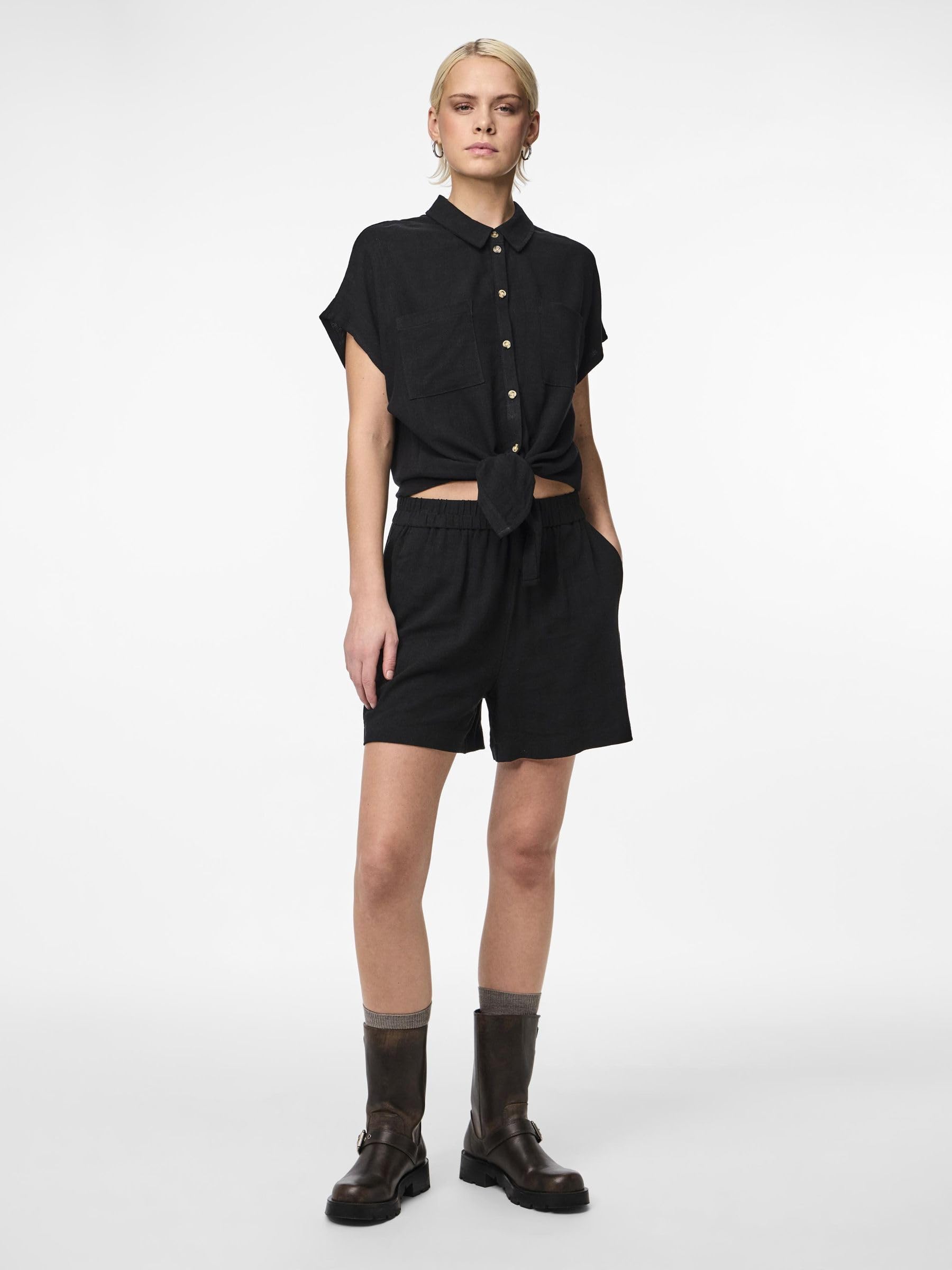 Pieces Pcvinsty Camicia Donna S Nera Misto Lino