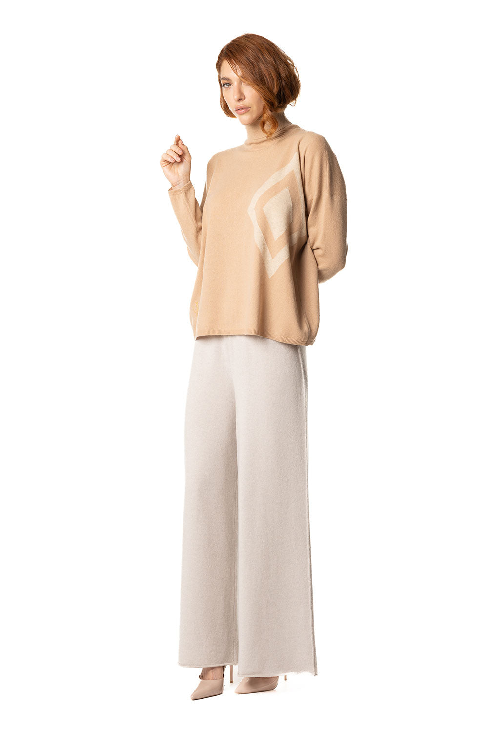 Vittoria Paci dolcevita beige donna in cashmere intarsio