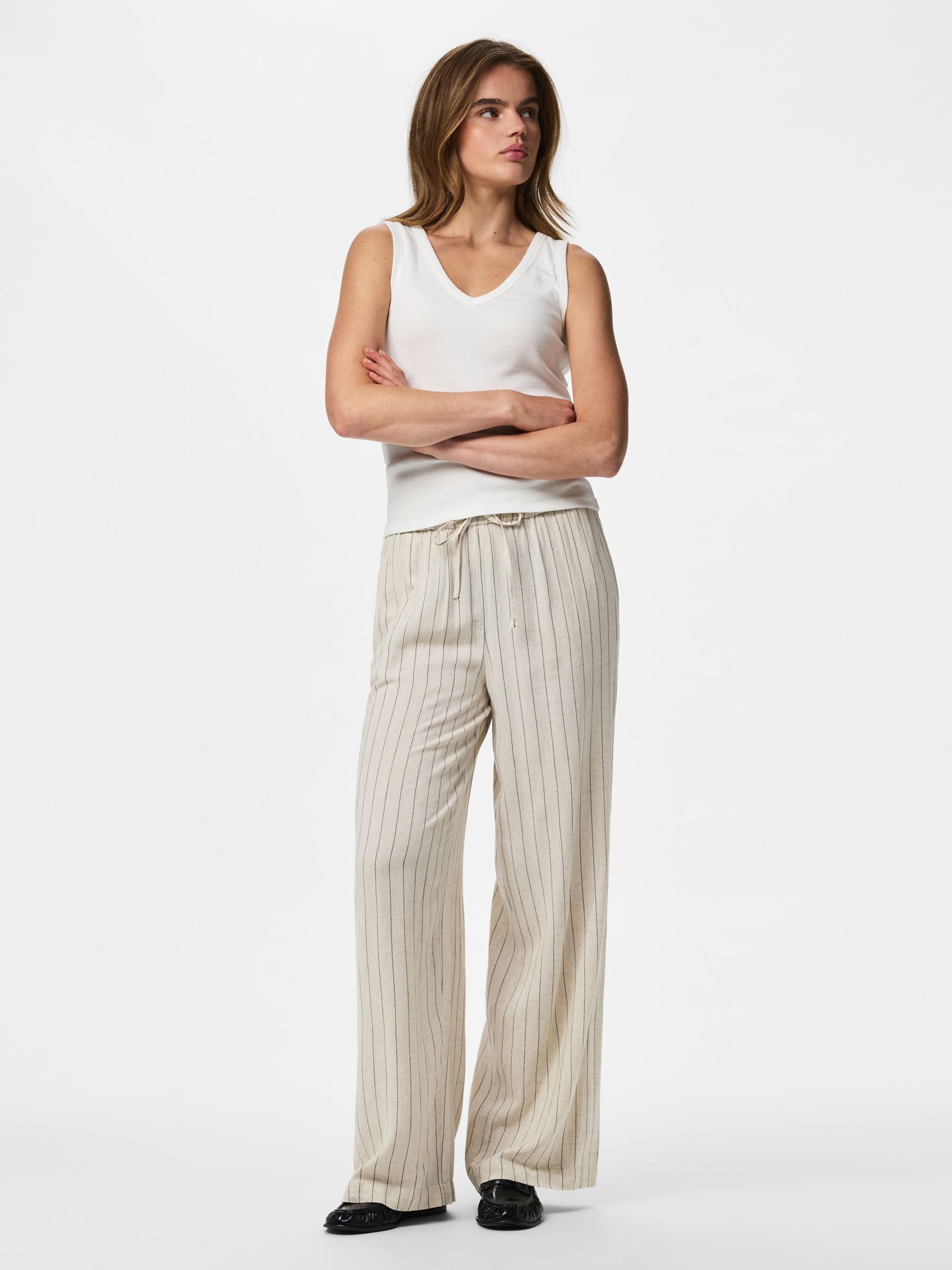 Pieces Pcpia Wide-Leg pantaloni donna larghi birch misto lino