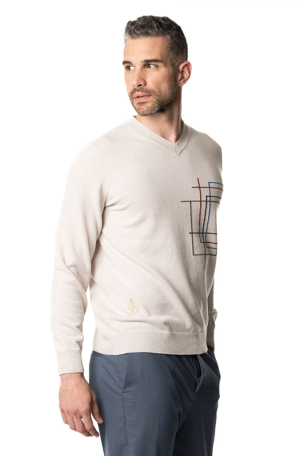 Vittoria Paci scollo a V cashmere uomo panna intarsio