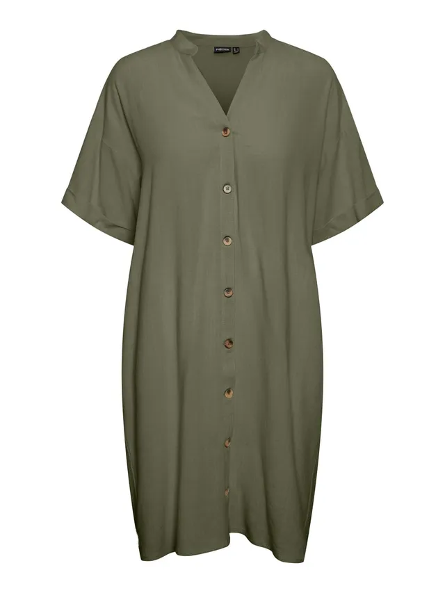 Pieces Pcvinsty SS Linen Shirt Dress vestito Deep Lichen Green