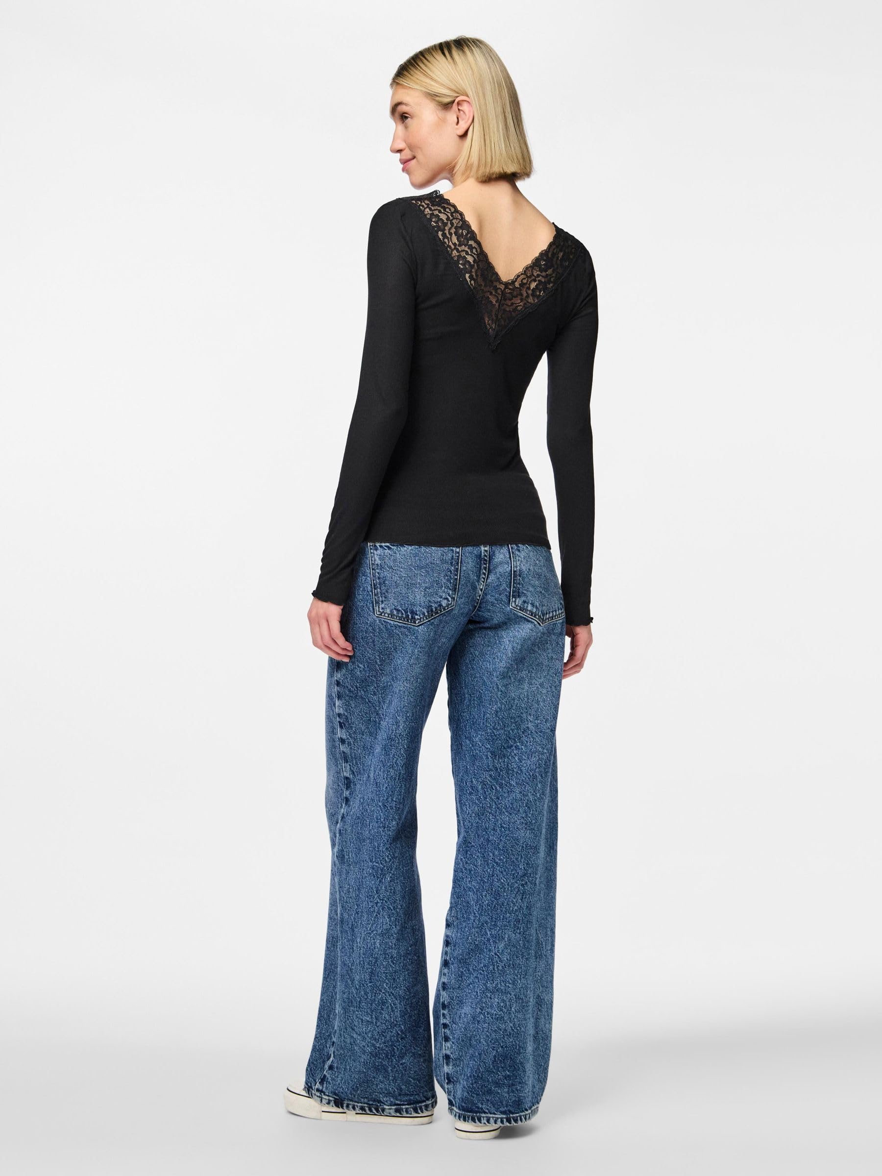 Pieces Lace Trim top scollo V pizzo maniche lunghe