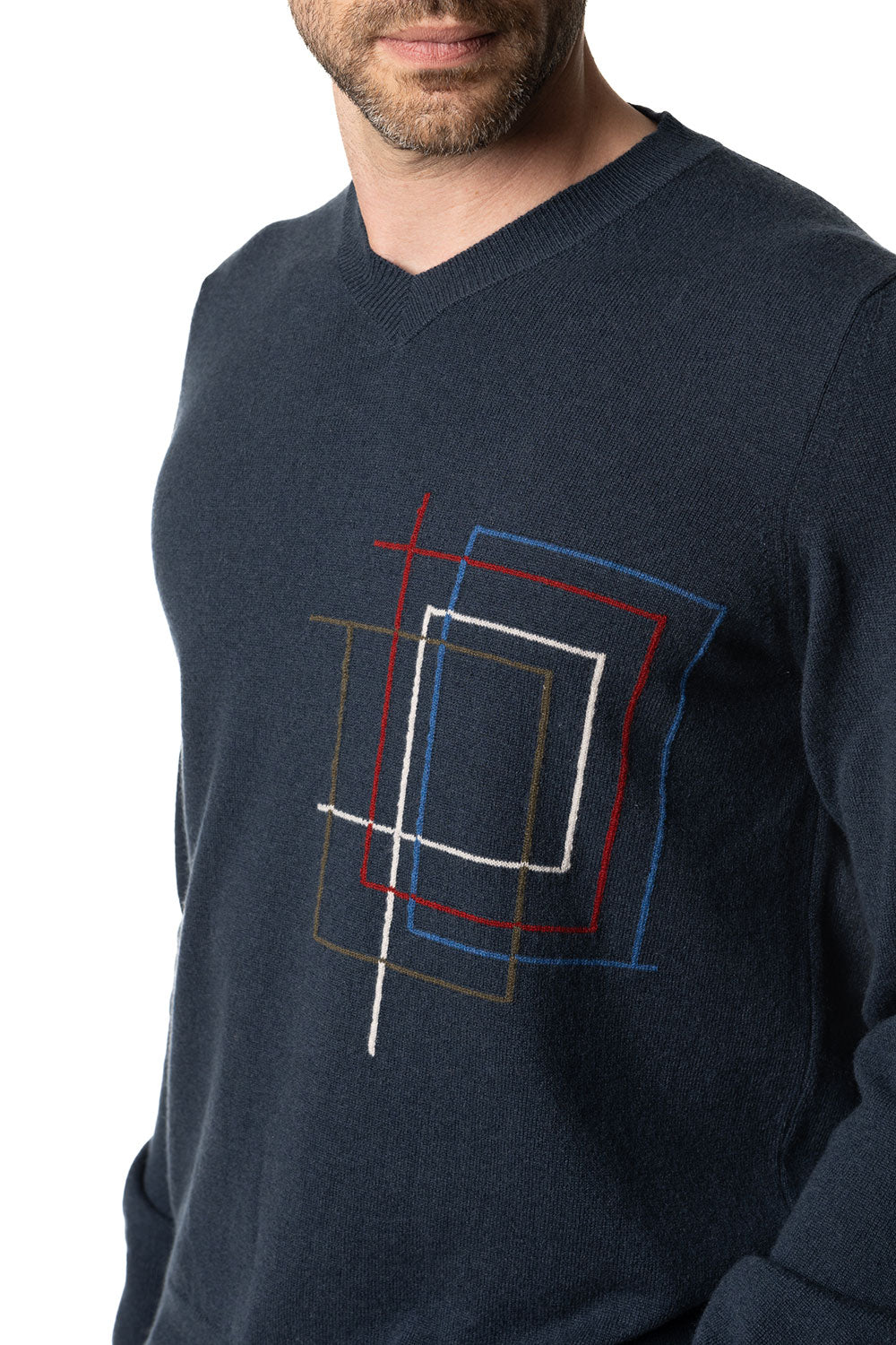 Vittoria Paci scollo a V blu uomo in cashmere geometrico