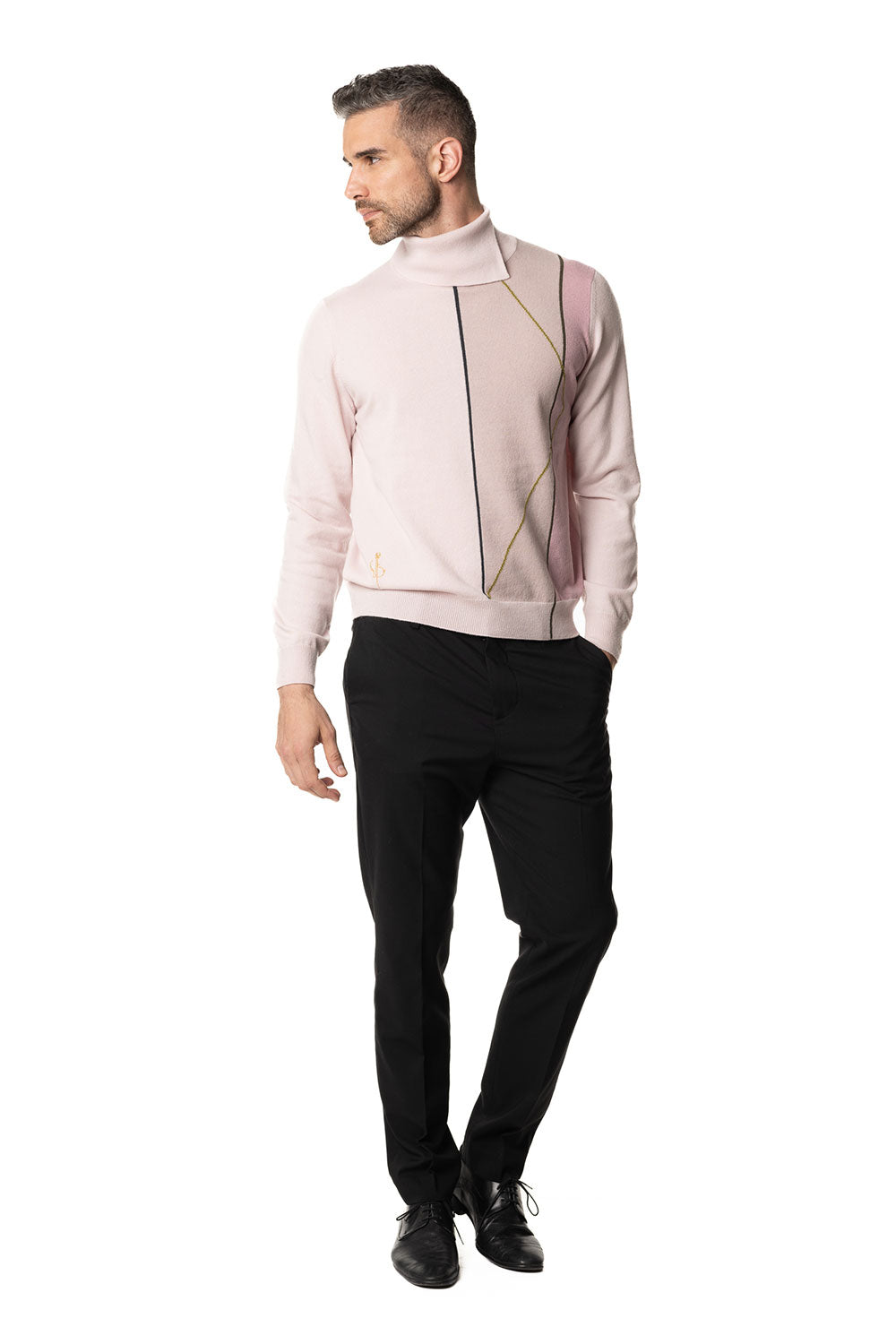 Vittoria Paci dolcevita cashmere uomo rosa cipria intarsio